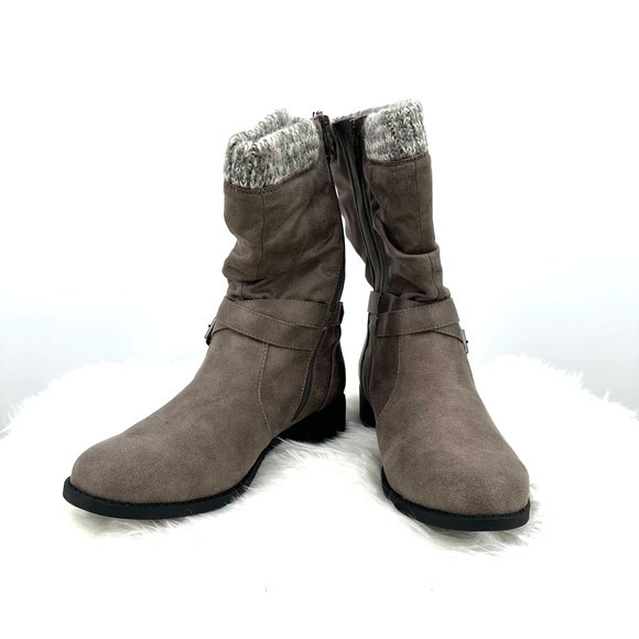NWOB Torrid size 8 zip up mid calf boots taupe wide calf double buckle moto - Picture 1 of 7